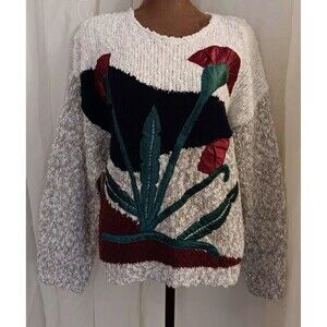 Vtg 80s 90s Rare Chunky Floral Art Sweater Sz Med Granola Eclectic Artsy Cottage